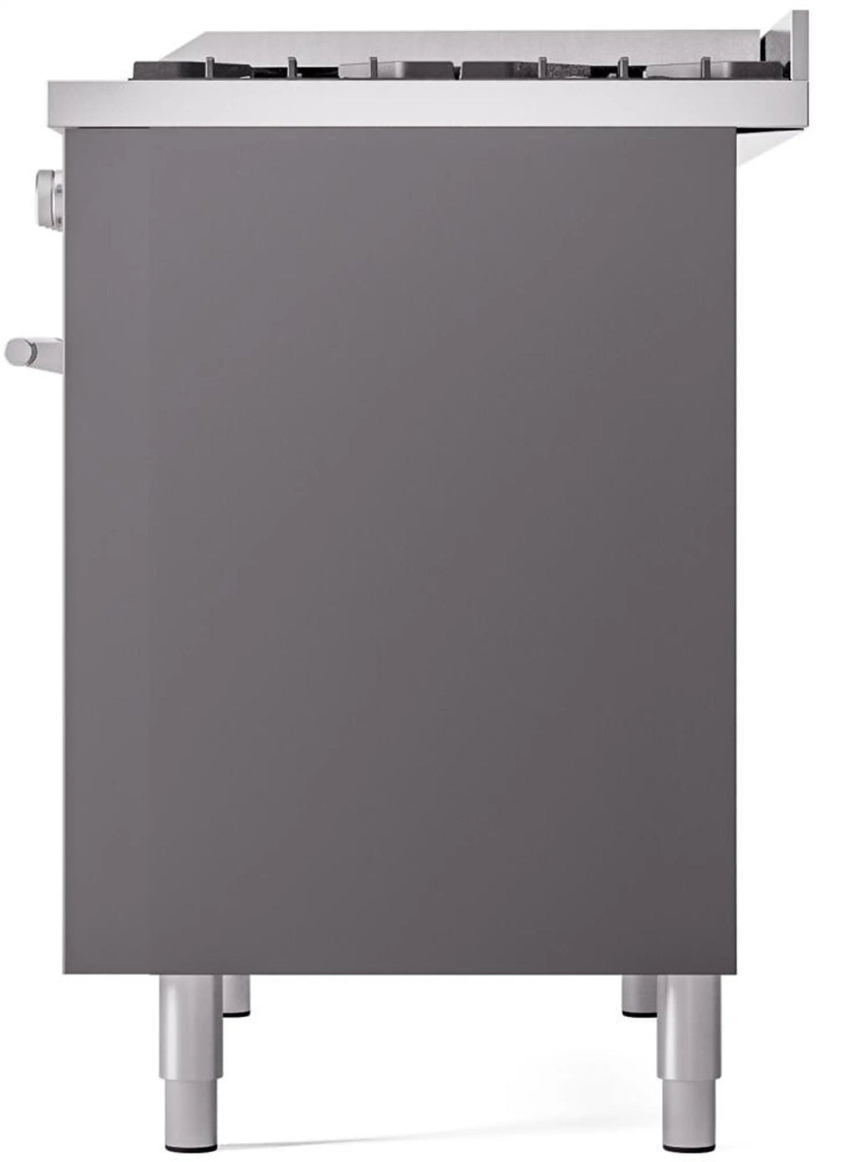Matte graphite range front view with side handle and four adjustable feet