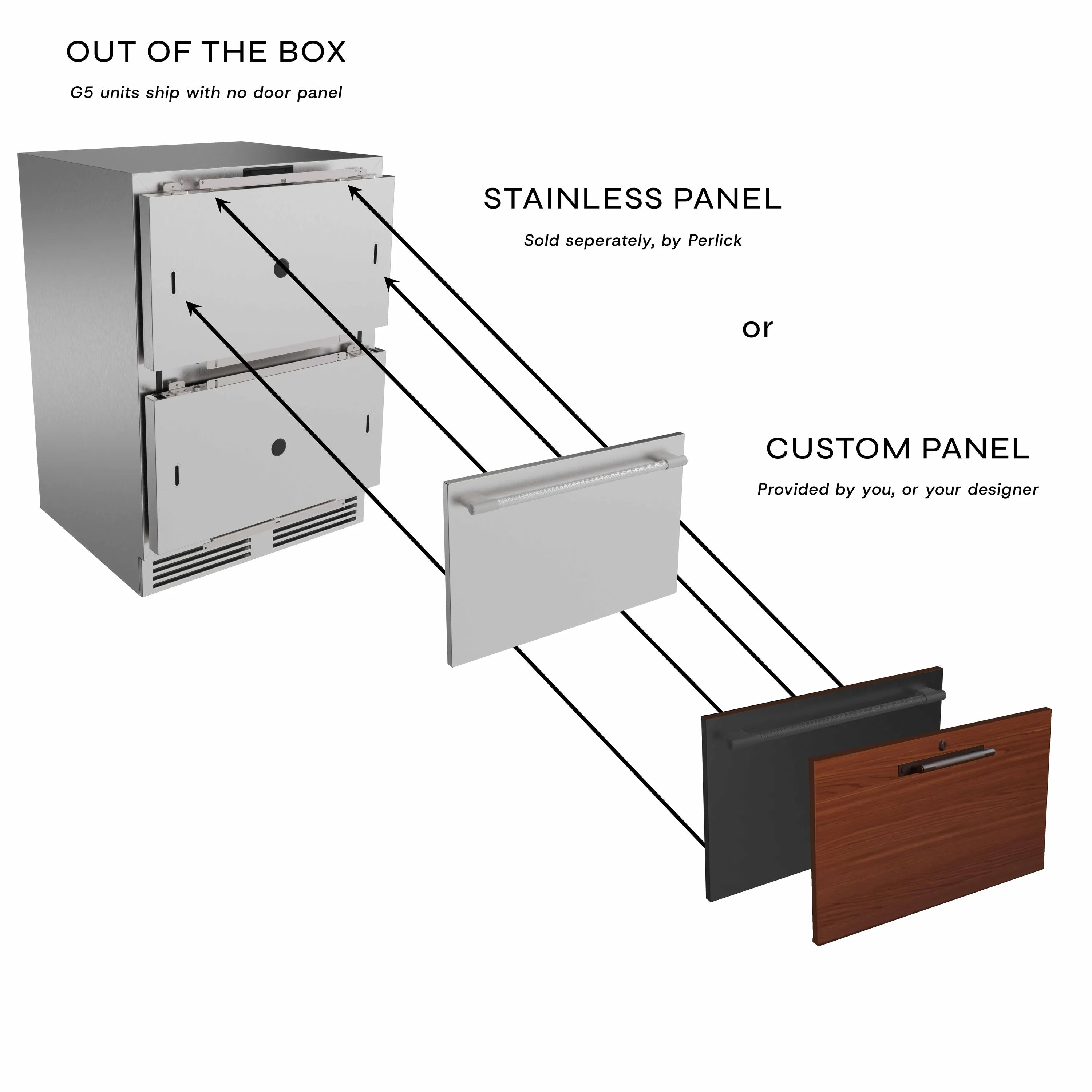 Panel-ready stainless undercounter refrigerator drawer unit with custom front panel