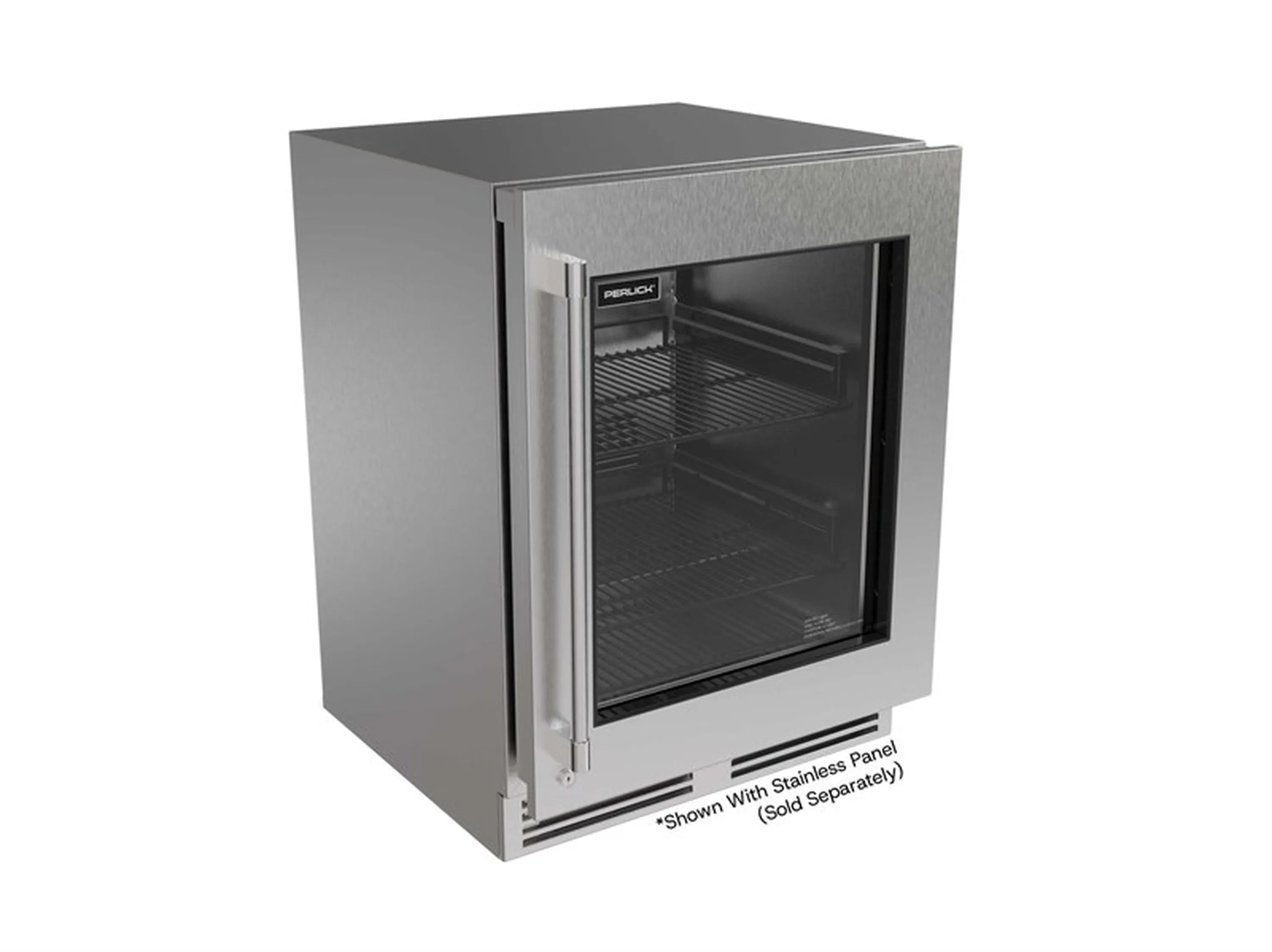 ADA undercounter refrigerator with black glass door and stainless steel finish
