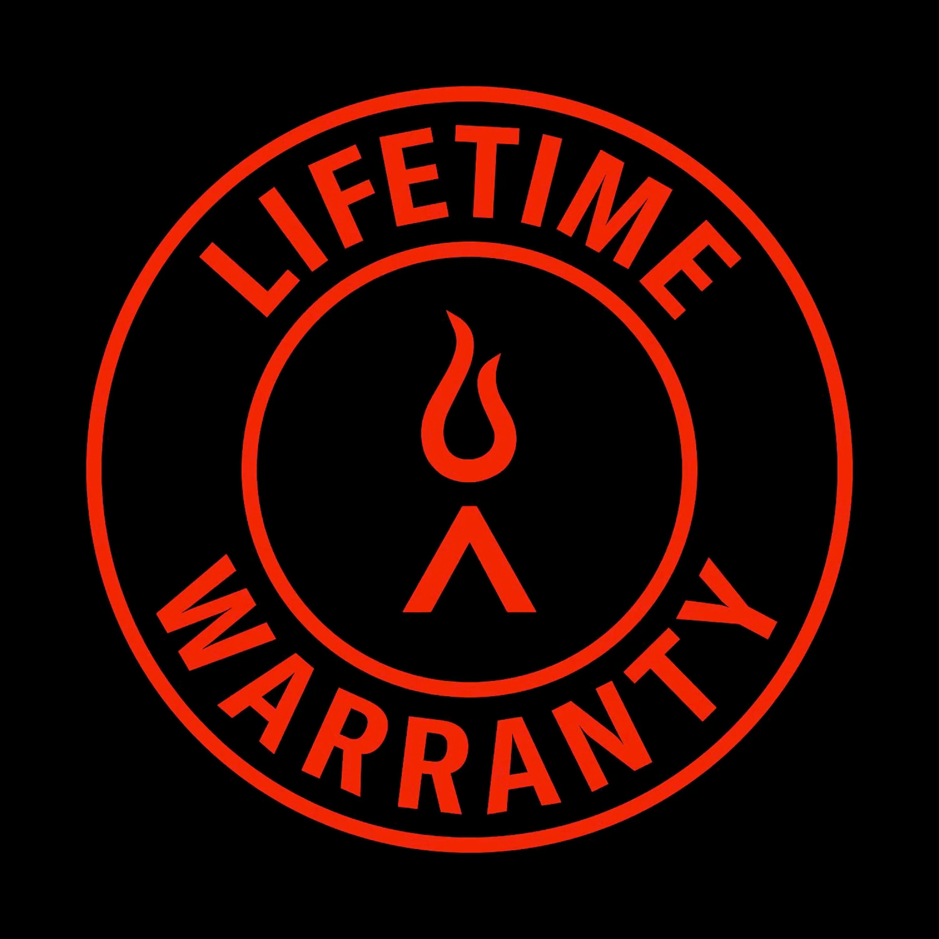 Lifetime warranty badge with flame icon and water drop graphic