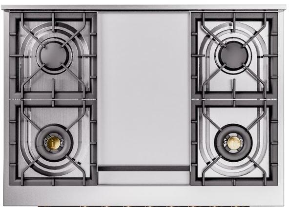 ILVE Nostalgie II 36-Inch Dual Fuel Freestanding Range in Blue Grey with Brass Trim (UP36FNMPBGG)