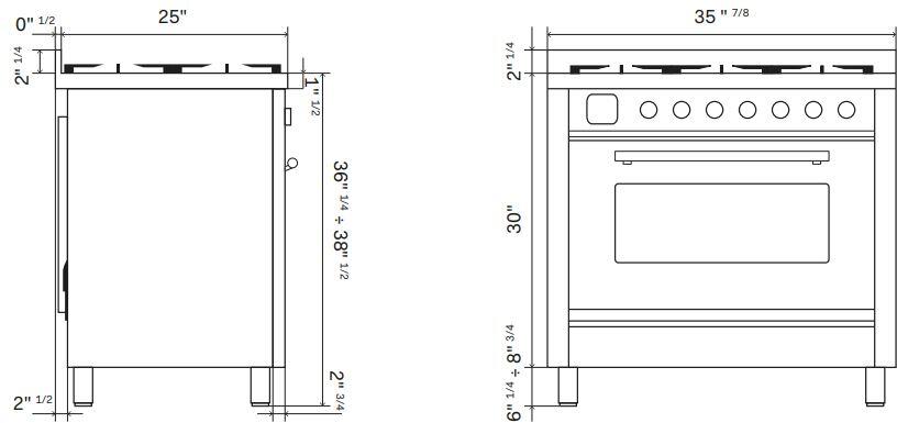 Midnight blue dual fuel freestanding range side view with chrome trim and size measurements