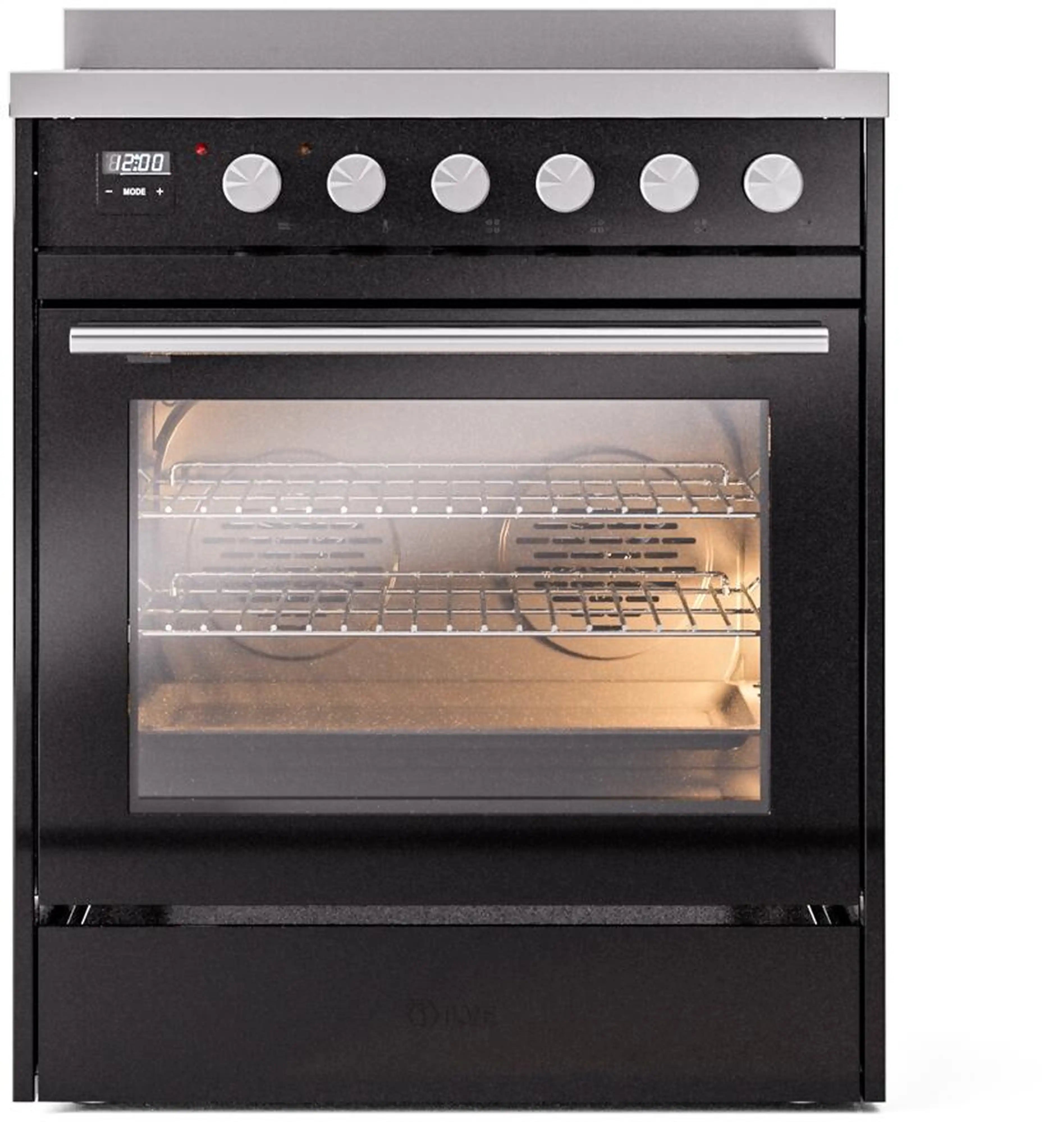 Black induction range with lit oven interior, wire racks, and round control knobs