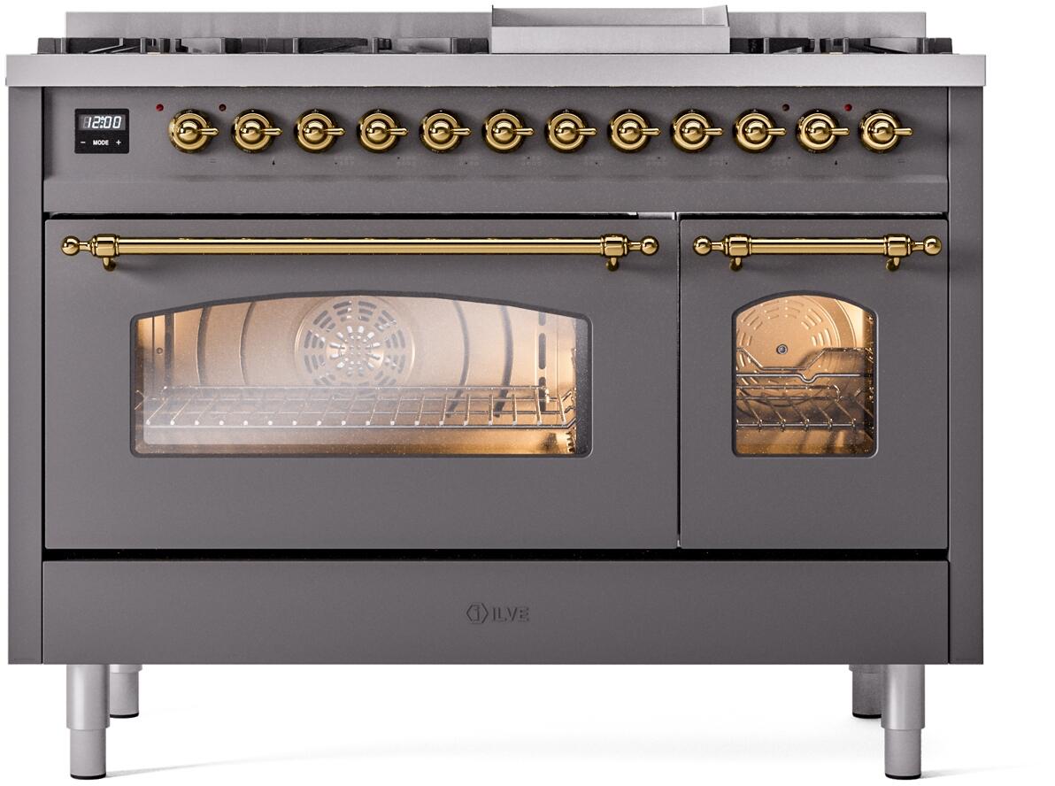 Matte graphite freestanding range front with brass knobs, oven windows, and control panel