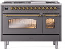 ILVE Nostalgie II 48-Inch Freestanding Natural Gas Dual Fuel Range in Matte Graphite with Brass Trim (UP48FNMPMGG)