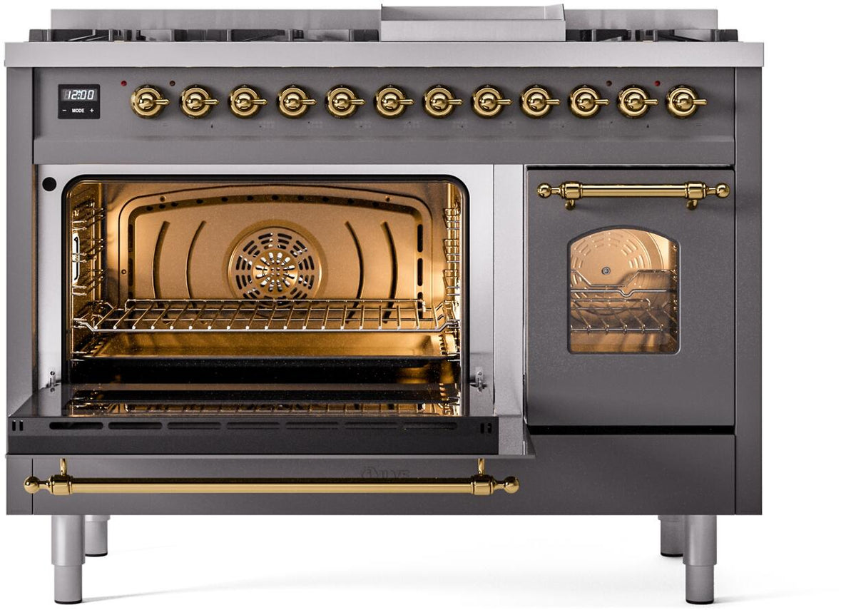 Matte graphite freestanding range with two open ovens, brass handles and burner knobs