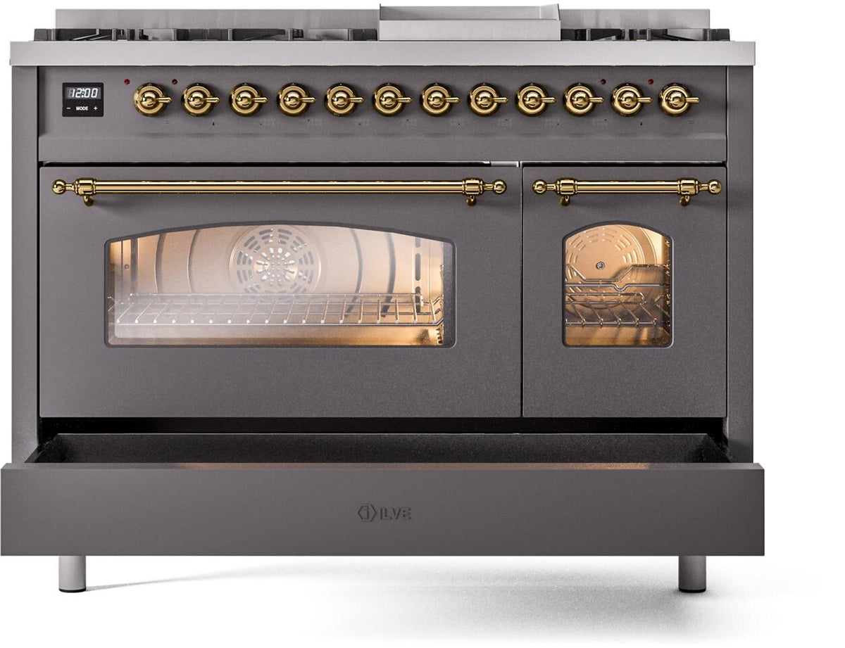 Matte graphite range front with glass oven windows and brass bar handles