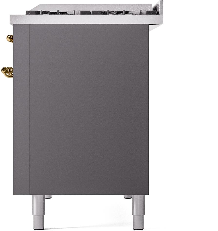 Matte graphite freestanding range side panel with brass knob and leveling feet