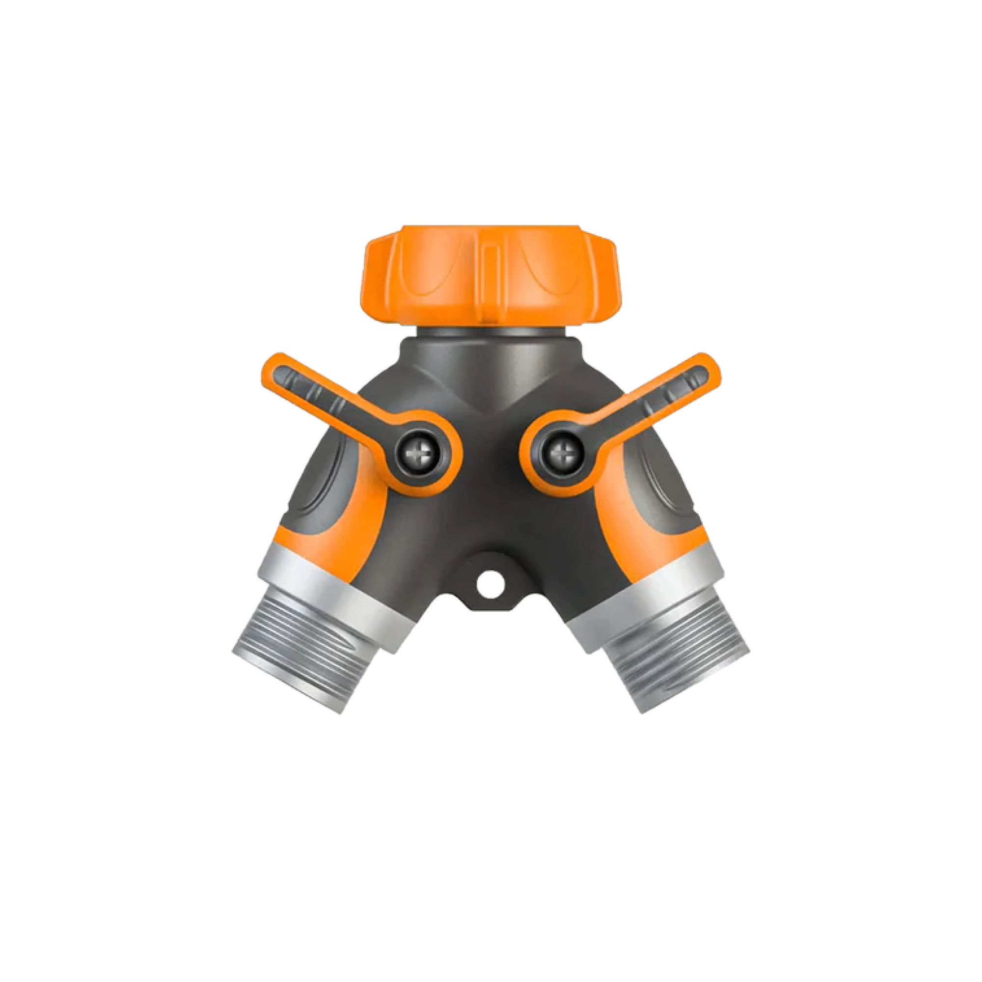 Metal water hose splitter with orange cap and two angled outlet ports with threads