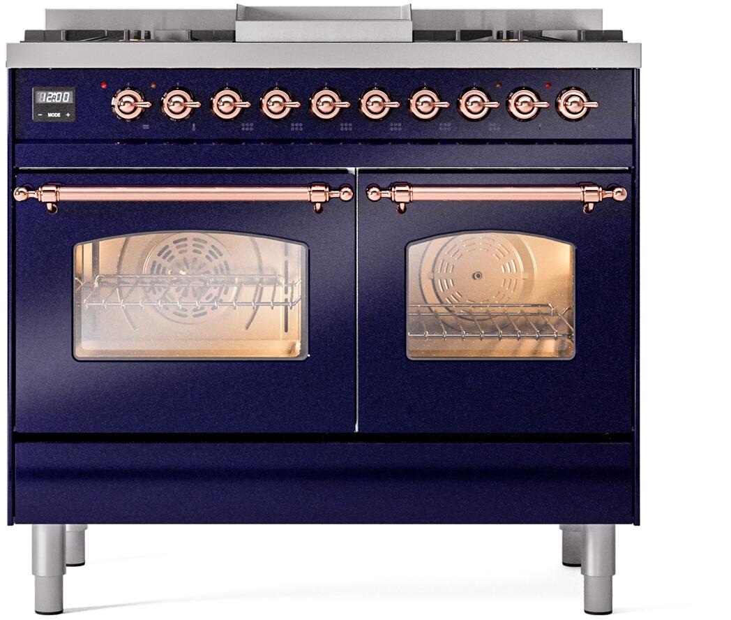 Dual fuel range front with two oven doors and a row of copper control knobs