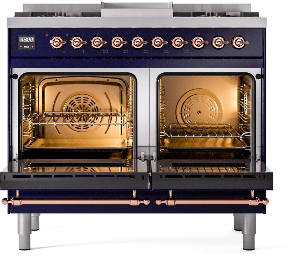 Freestanding dual fuel gas range with both ovens open in midnight blue and copper trim