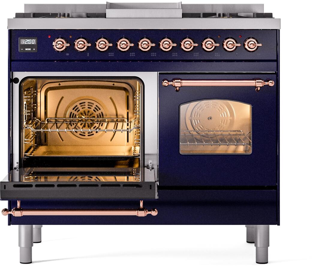 Freestanding dual-fuel range with left oven open and right glass-door oven