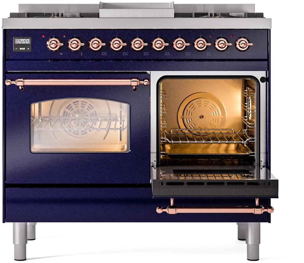 Freestanding dual-fuel range with right oven open and left glass-door oven