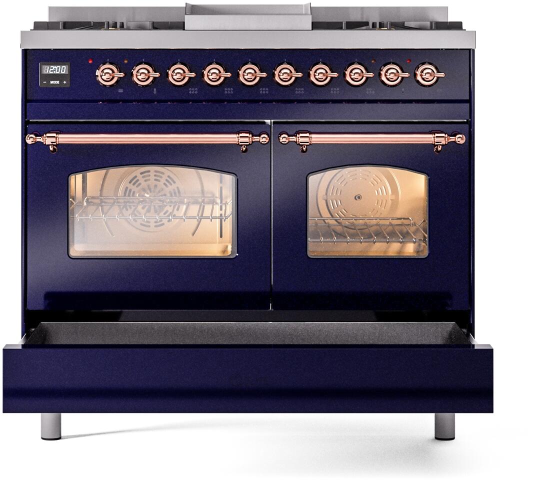 Freestanding dual fuel gas range in midnight blue with glass oven windows and copper controls