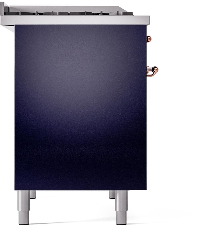 Midnight blue freestanding dual-fuel range side panel with copper knob detail