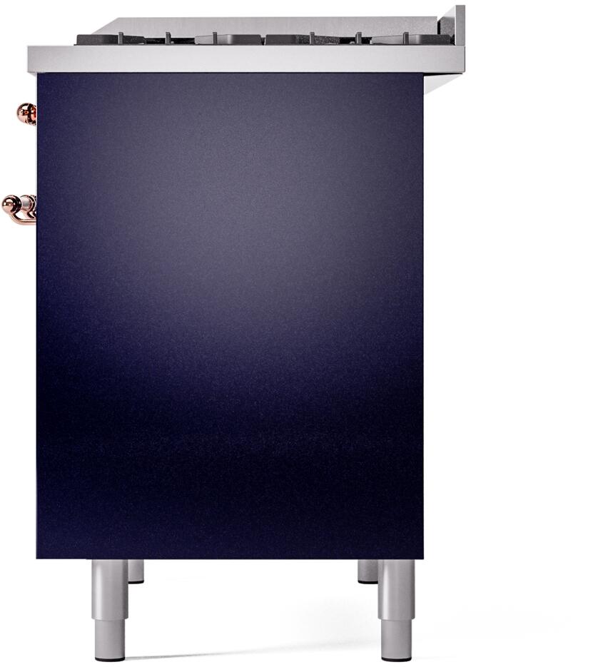 Freestanding dual fuel gas range in midnight blue with copper trim and control panel