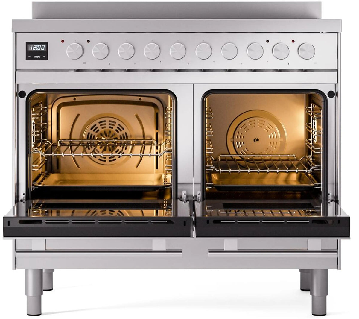 Induction range with both oven doors open, showing interior racks and fan
