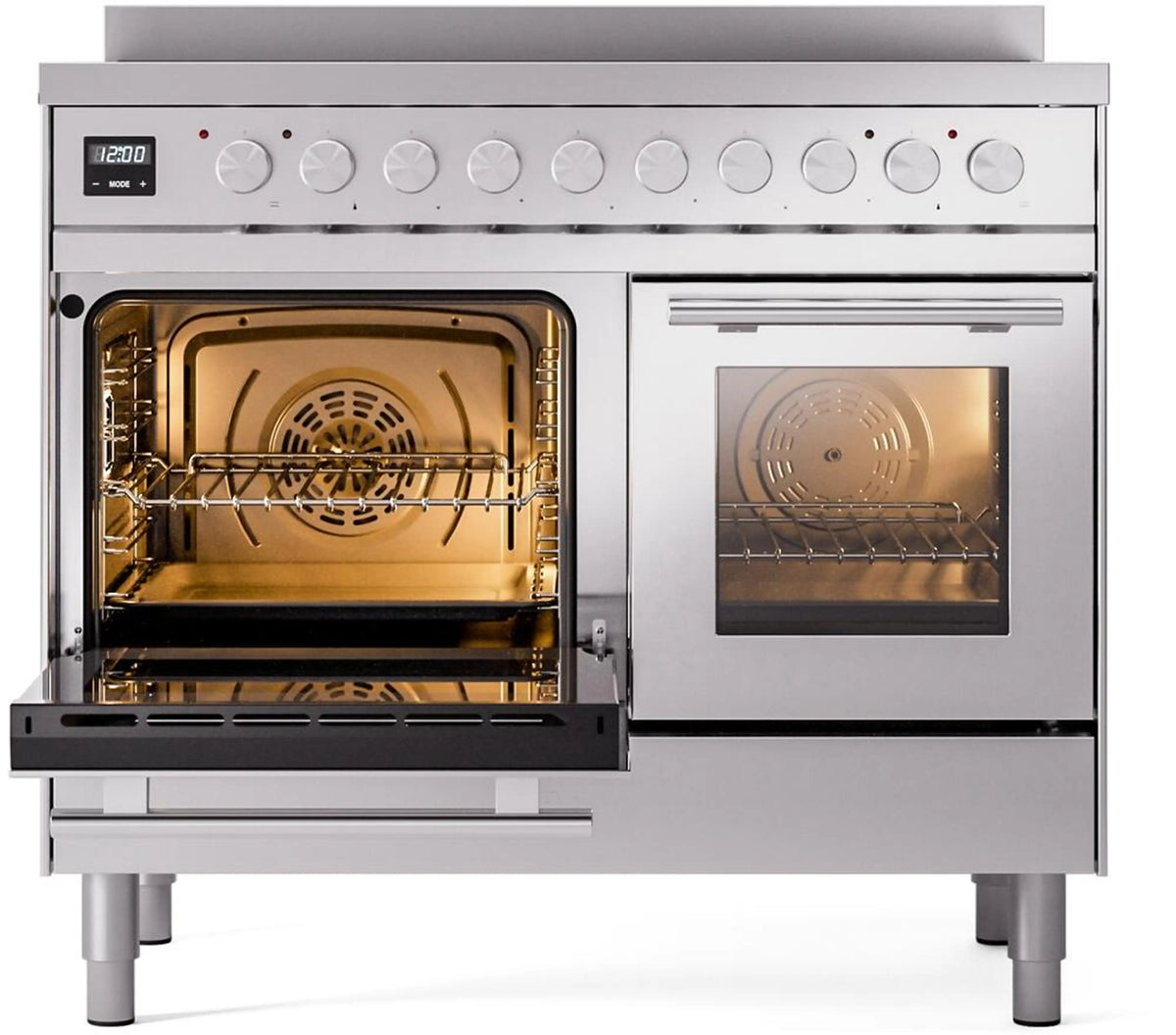 Stainless steel induction range with left oven open and right oven door open