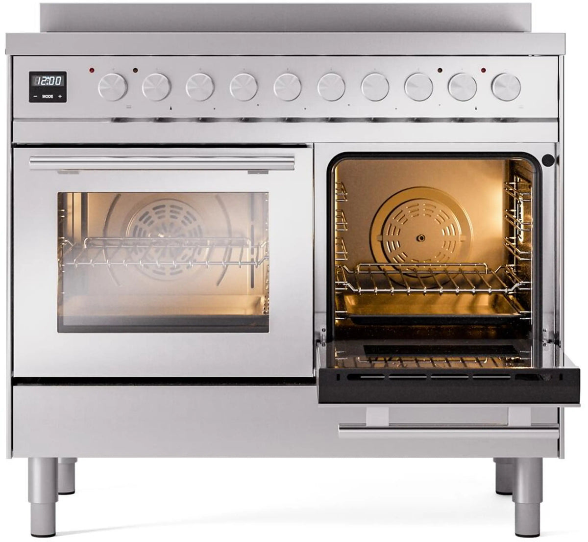 Stainless steel induction range with one oven door open and interior rack view