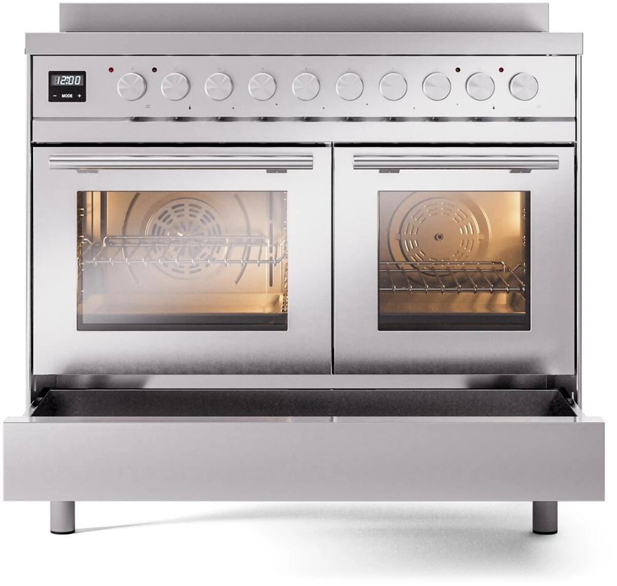 Stainless steel induction range front with two closed glass oven doors