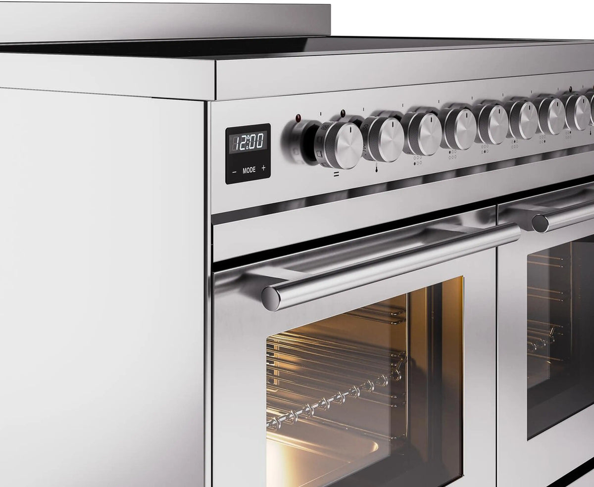 Induction range control panel with knobs and oven door window detail