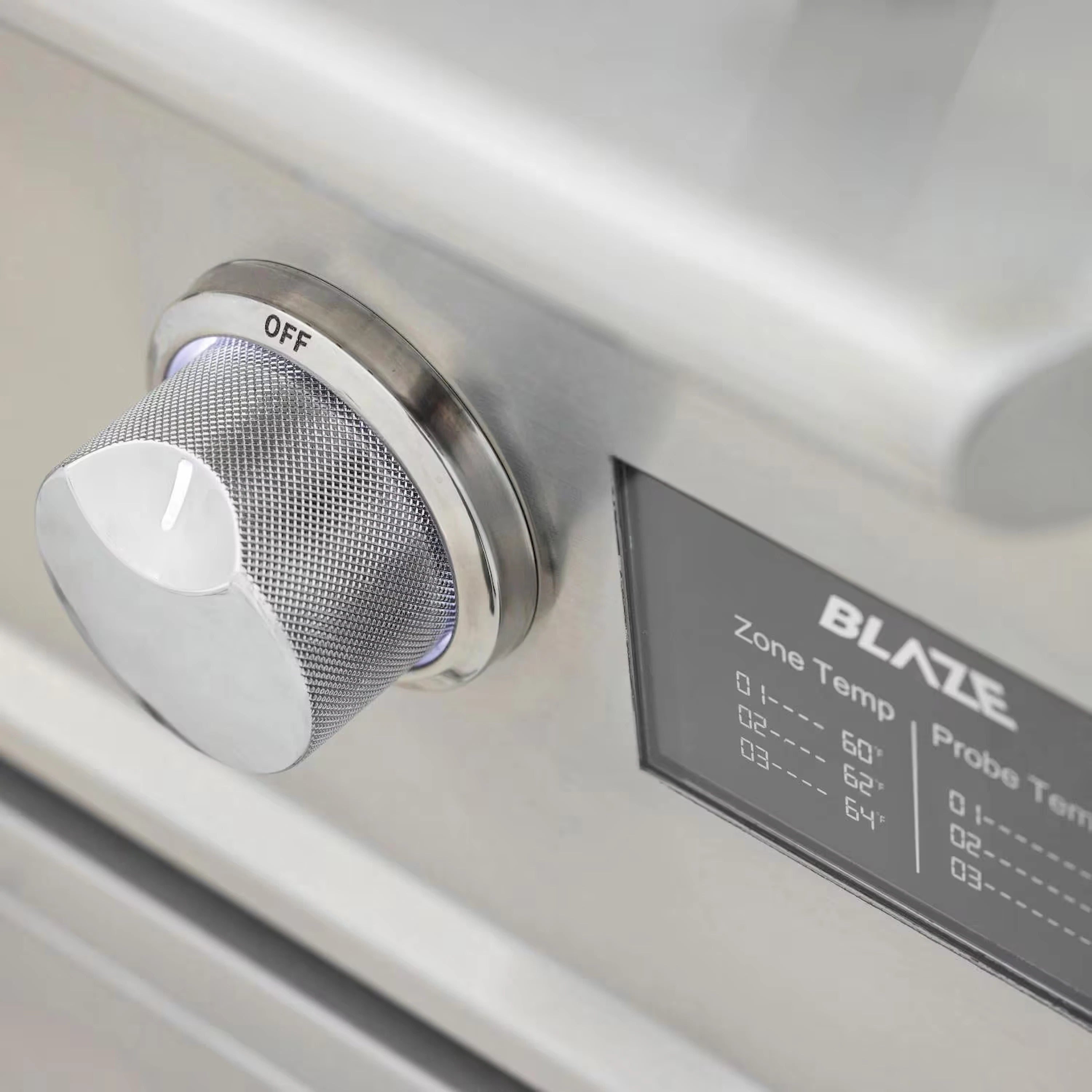 Blaze digital temperature screen and OFF control knob on stainless gas griddle