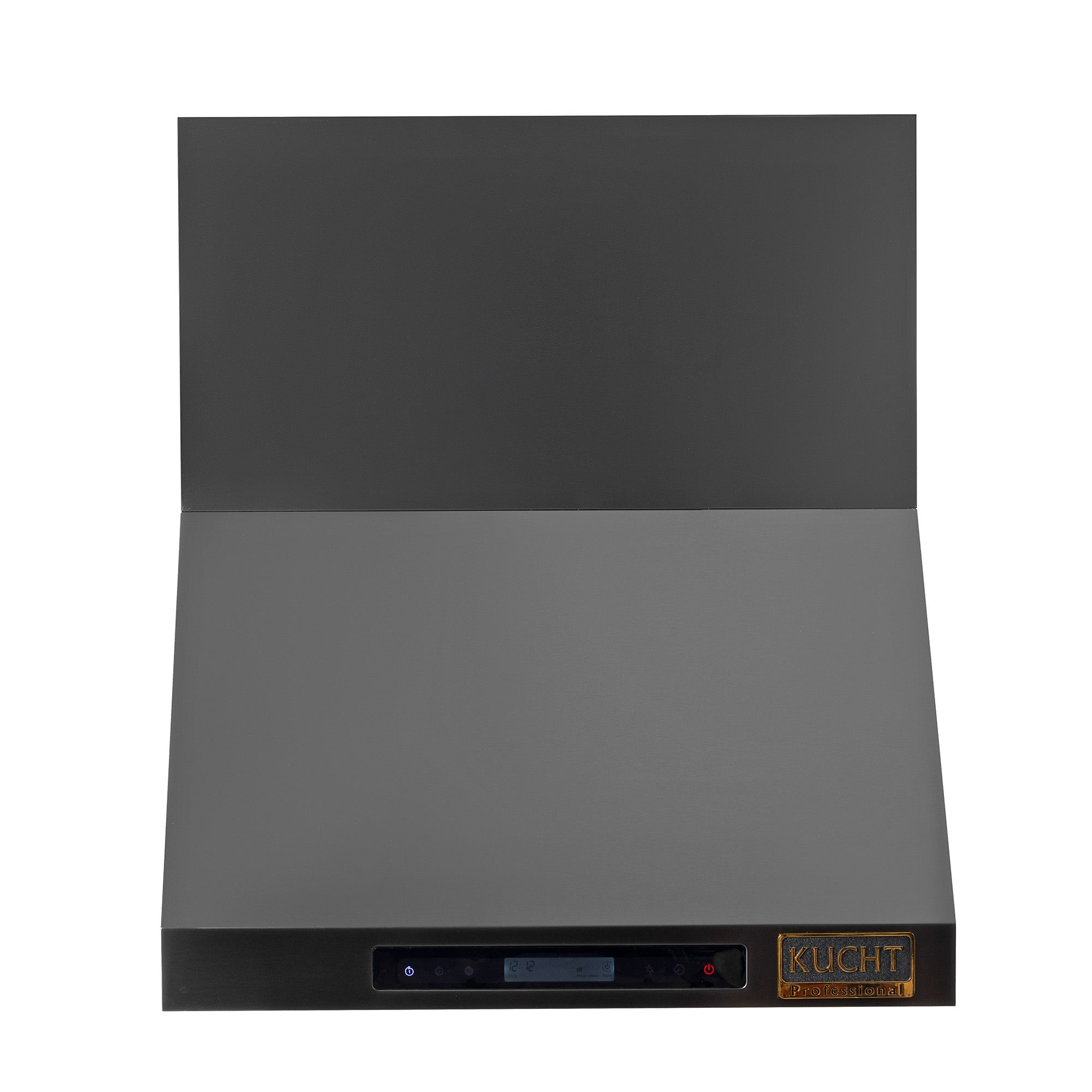 Front view of dark wall mount range hood with lights and KUCHT logo badge