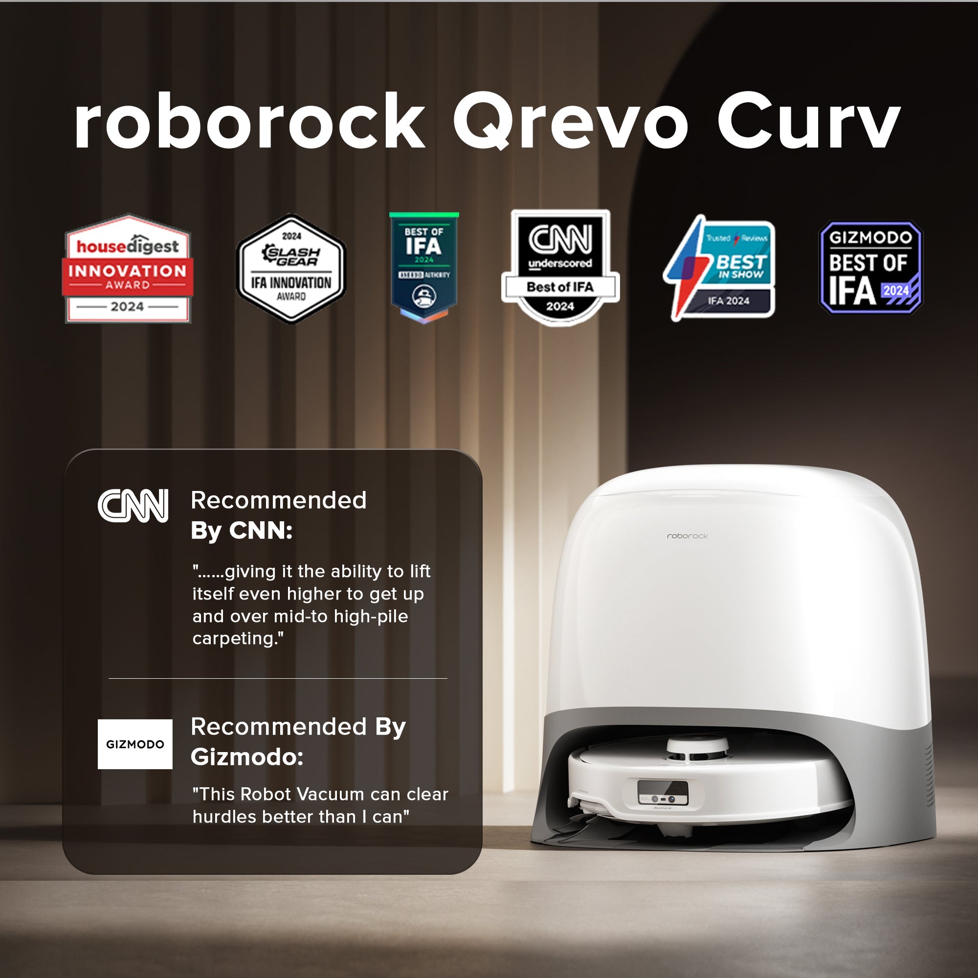 Roborock robot vacuum on floor with curved front and docking base