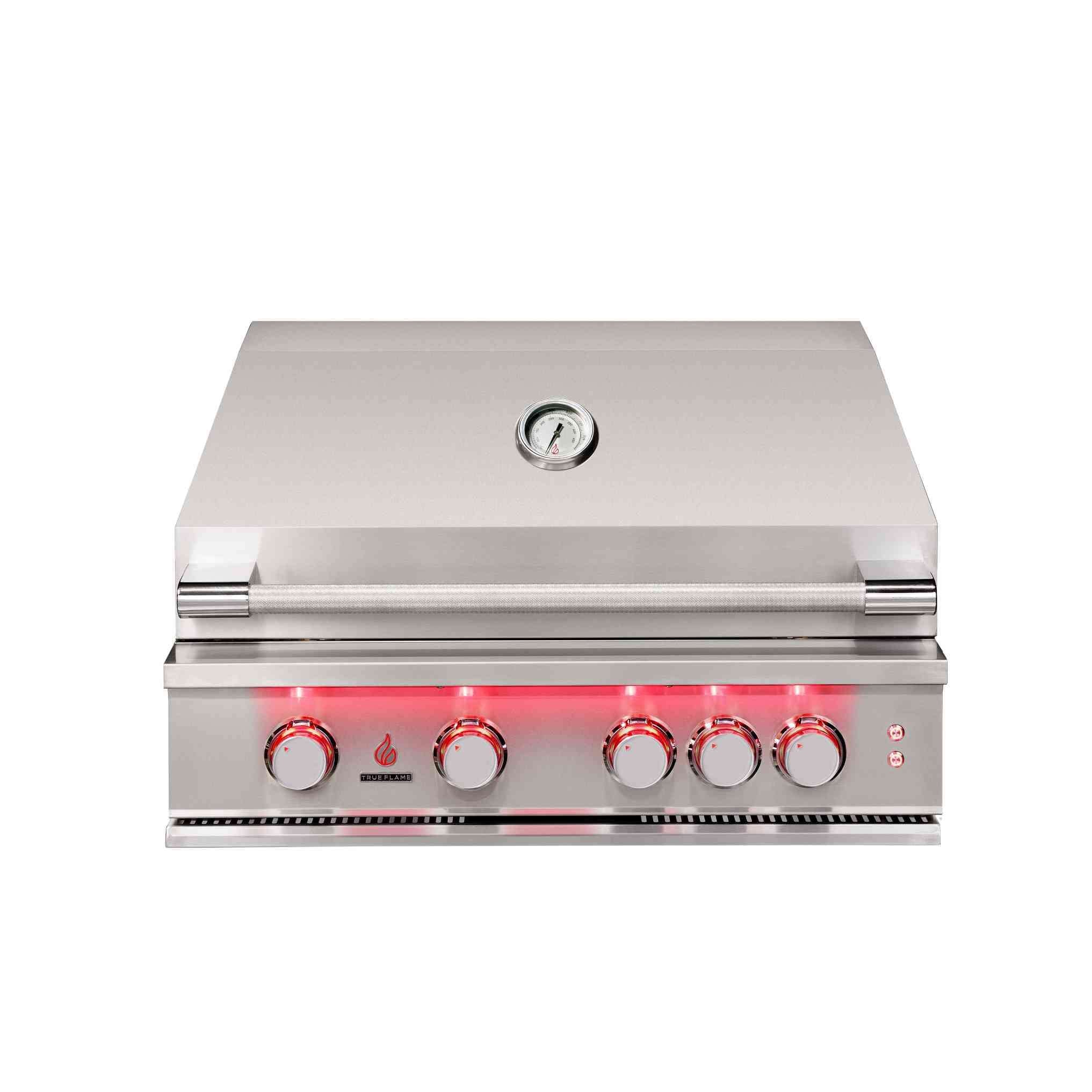 Stainless steel built-in natural gas grill front view with control knobs
