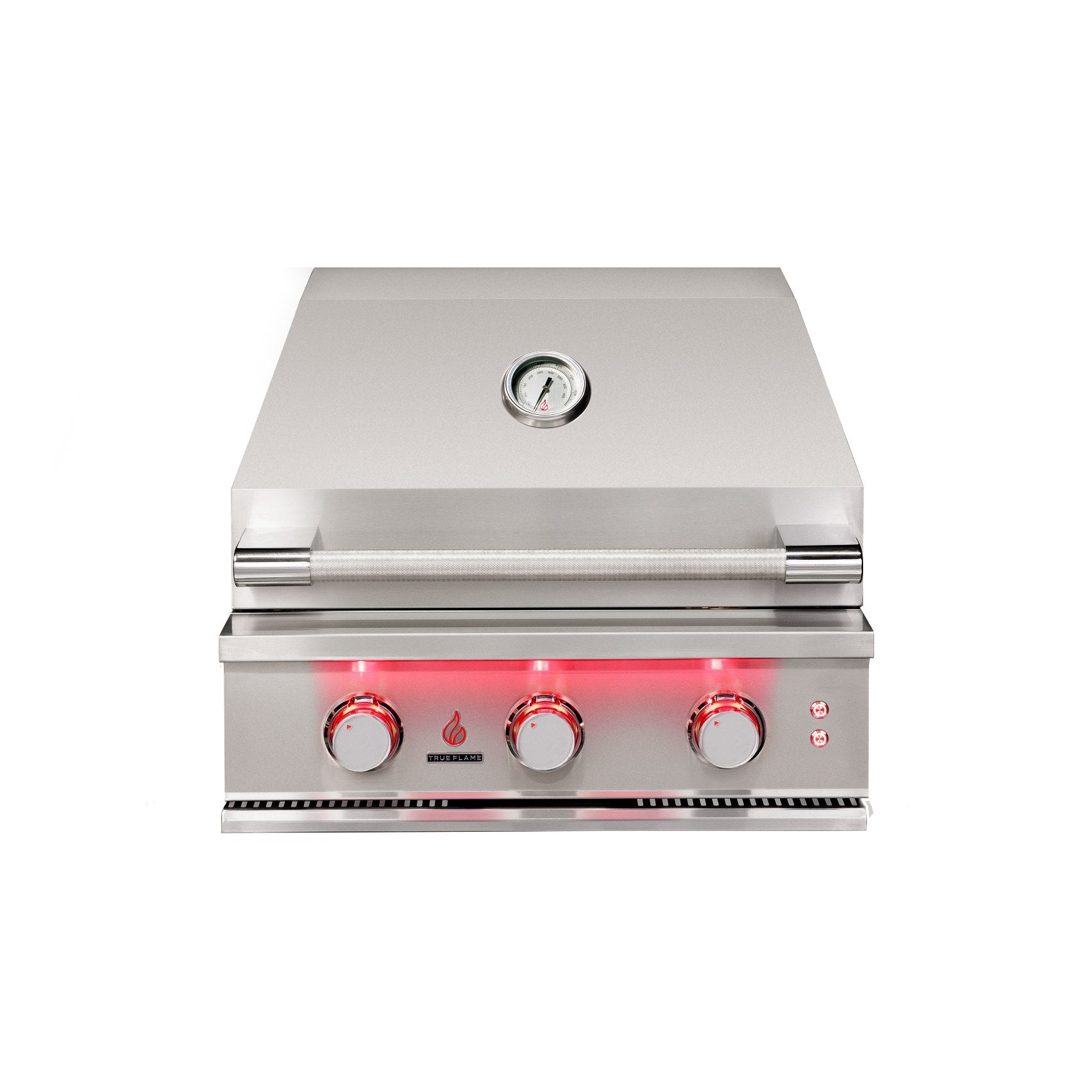 Stainless steel gas grill front panel with three control knobs and red indicators