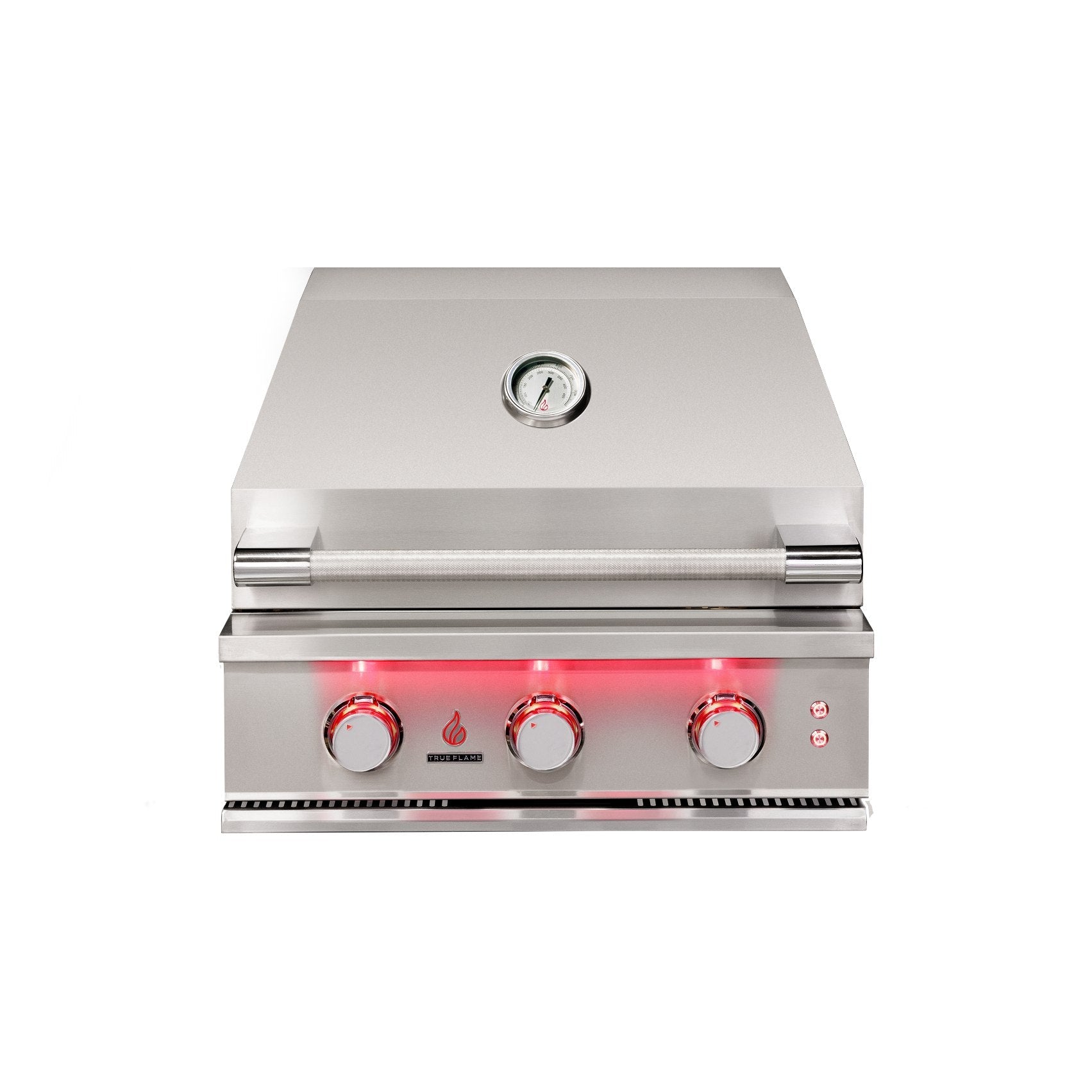 Stainless steel propane gas grill with closed lid and three front burner knobs