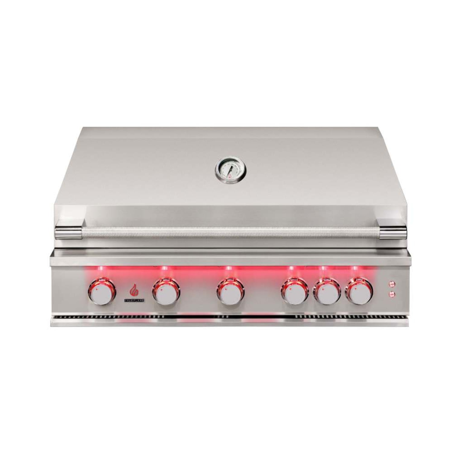 Stainless gas grill front panel with control knobs and thermometer