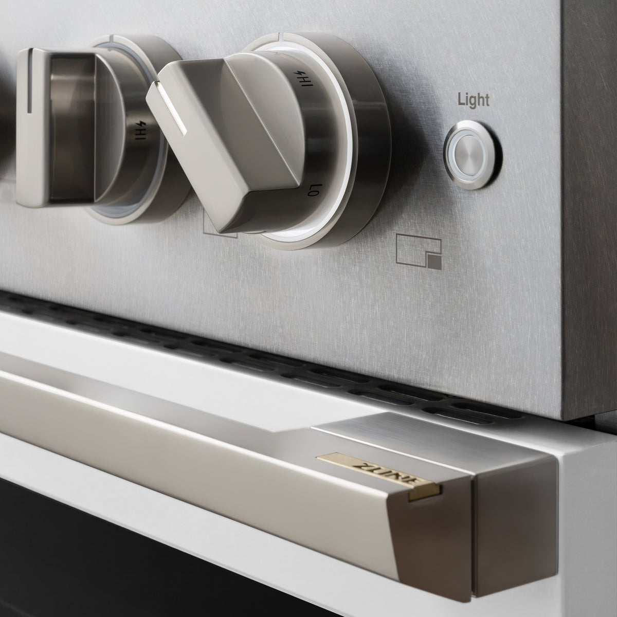 ZLINE 48-Inch Marino Dual Fuel Range with 8 Burner DuoPro Cooktop in Satin Stainless Steel with White Matte (PMDRS-WM-48) - illuminated knob detail