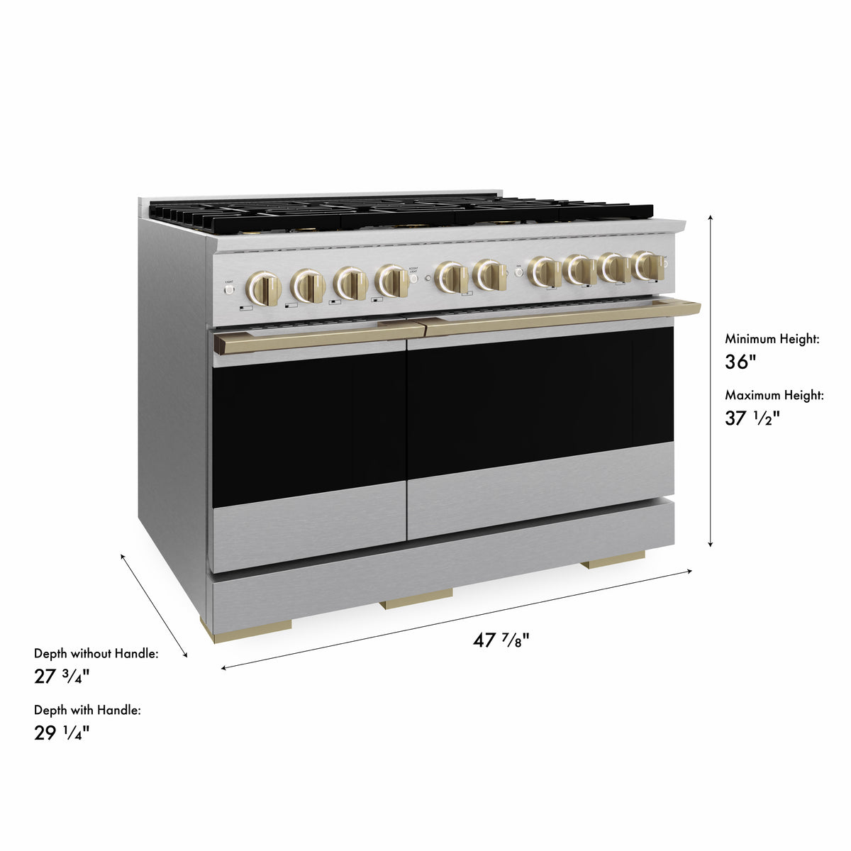 ZLINE Autograph 48-Inch Marino Dual Fuel Range with DuoPro Cooktop in Satin Stainless Steel with Champagne Bronze (PMDRSZ-48-CB) - product dimensions