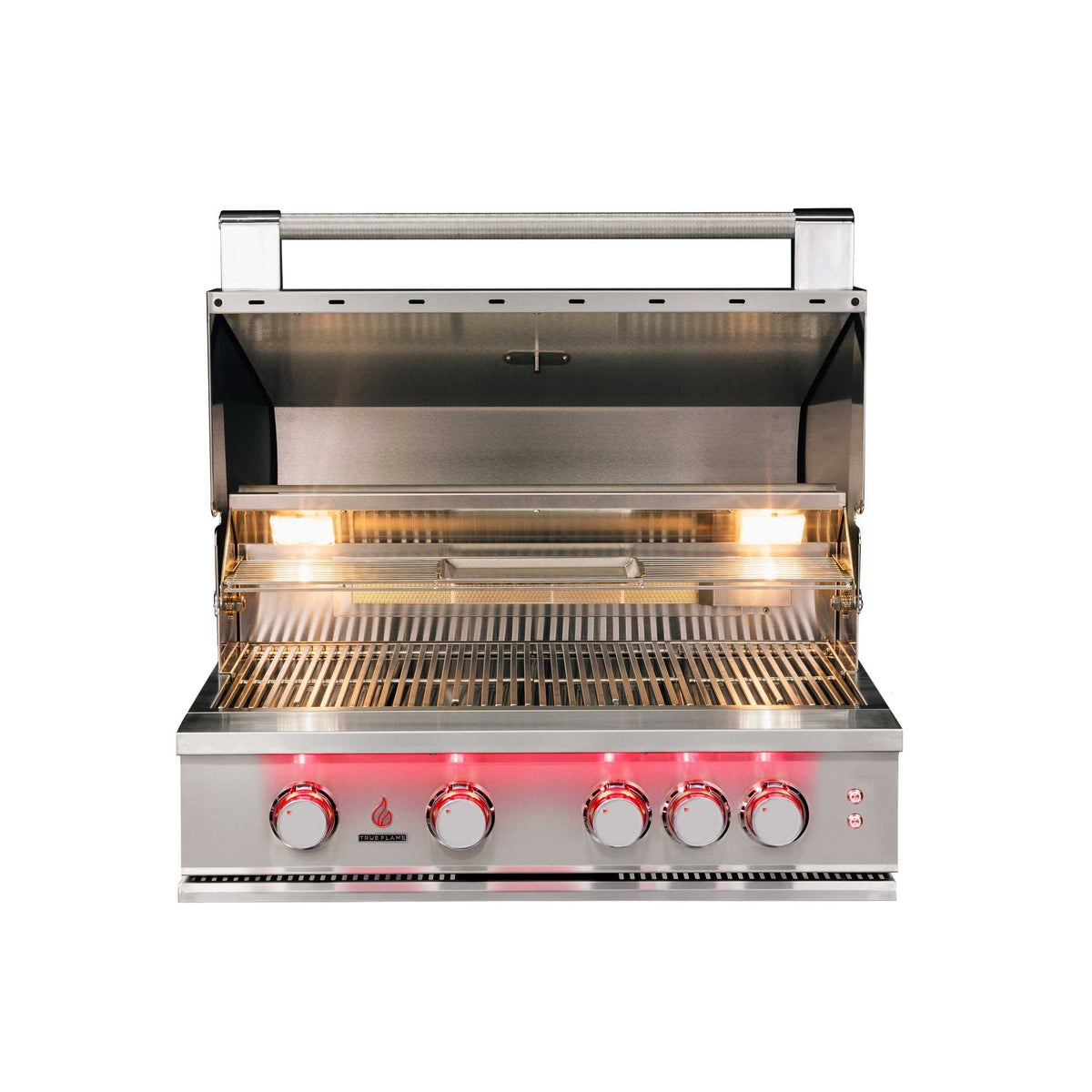 Stainless steel built-in natural gas grill with open hood and stainless burner grates