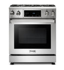Thor Kitchen 5-Piece Appliance Package - 30-Inch Propane Gas Range, Tilt Panel, Refrigerator with Water Dispenser, Wall Mount Hood, Dishwasher, & Wine Cooler in Stainless Steel