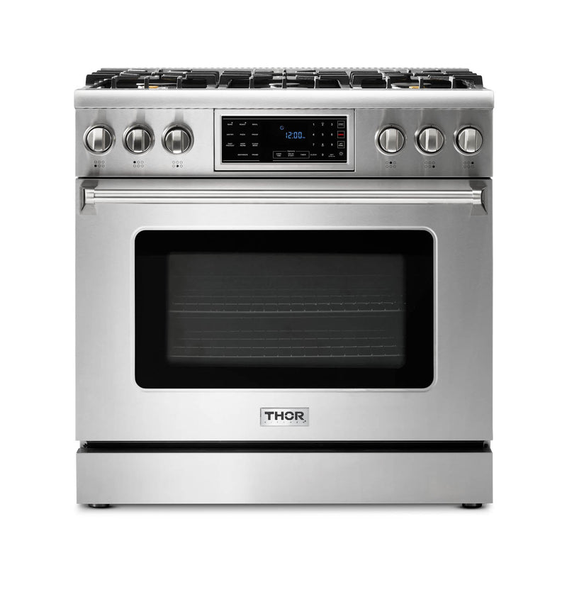 Thor Kitchen 6-Piece Appliance Package - 36-Inch Propane Gas Range, Tilt Panel, Refrigerator with Water Dispenser, Pro-Style Wall Mount Hood, Dishwasher, Microwave Drawer, & Wine Cooler in Stainless Steel