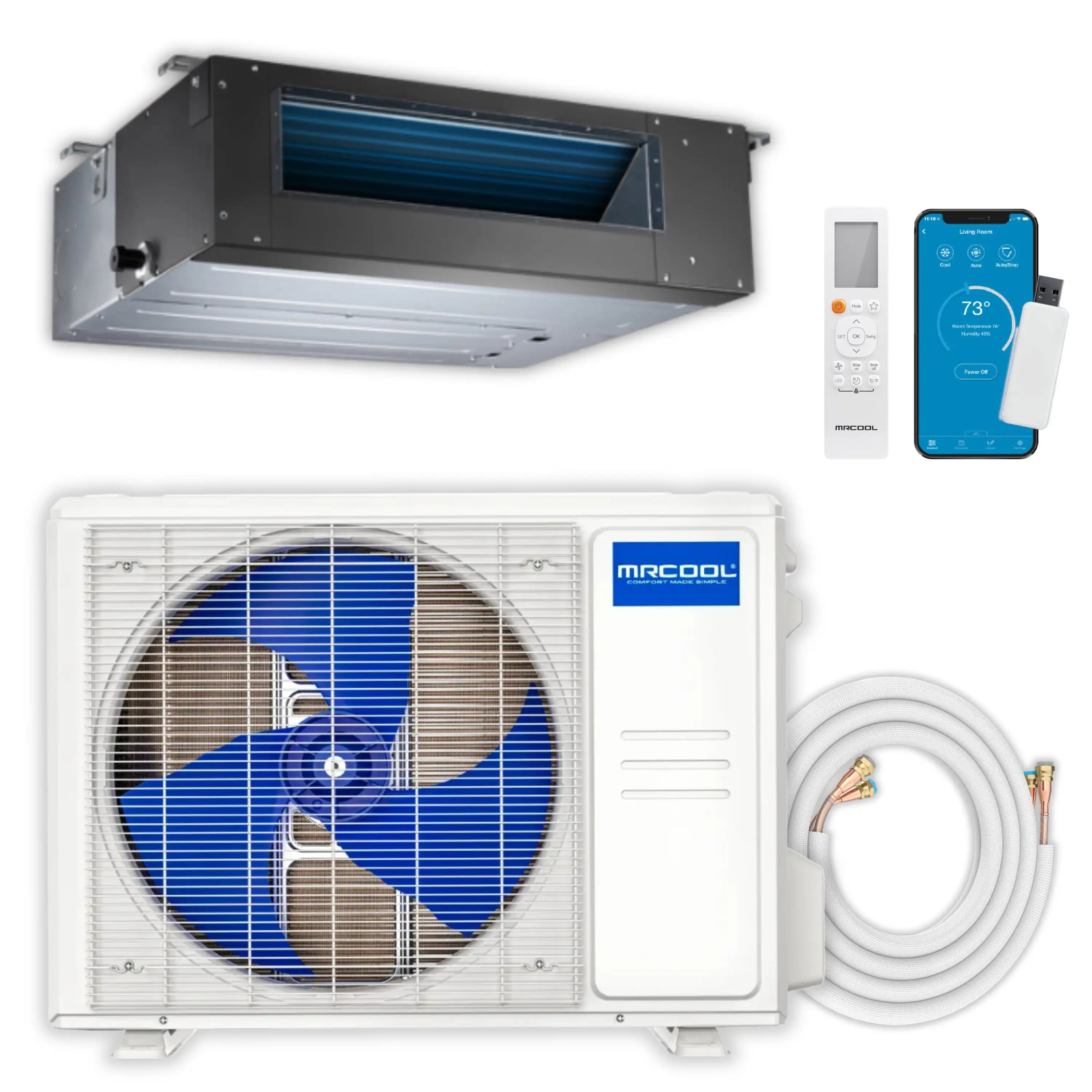 MRCOOL ducted mini split kit with outdoor condenser, air handler, and control accessories.