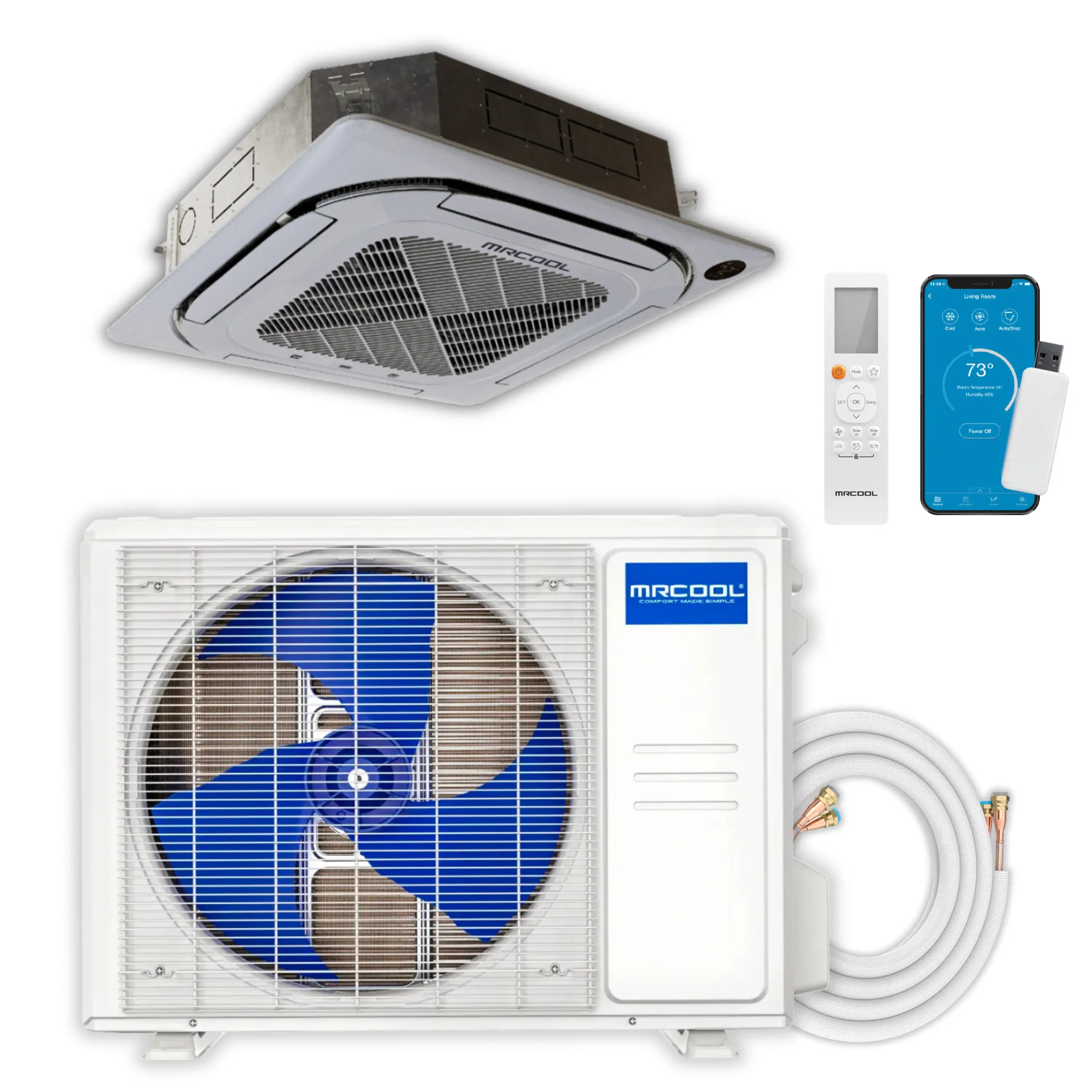 Mini split heat pump kit with ceiling air handler, outdoor unit, and controller phone