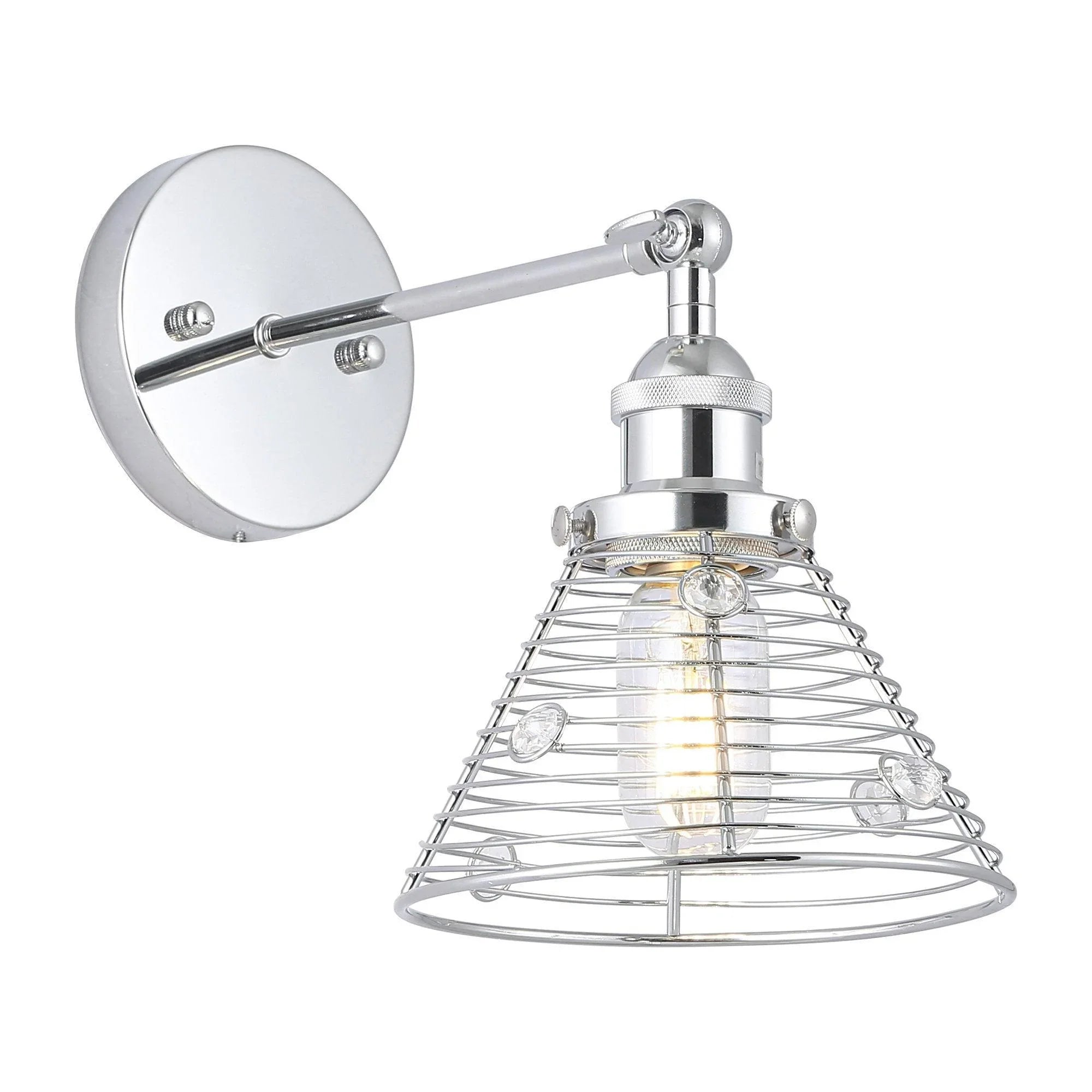 Silver 1-light wall sconce featuring a round mounting plate and wire cage pendant shade