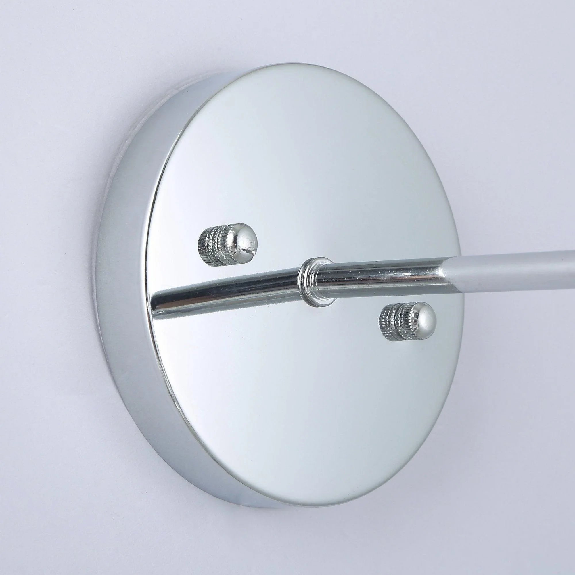 Round silver wall mount plate with two screws and extending metal light arm