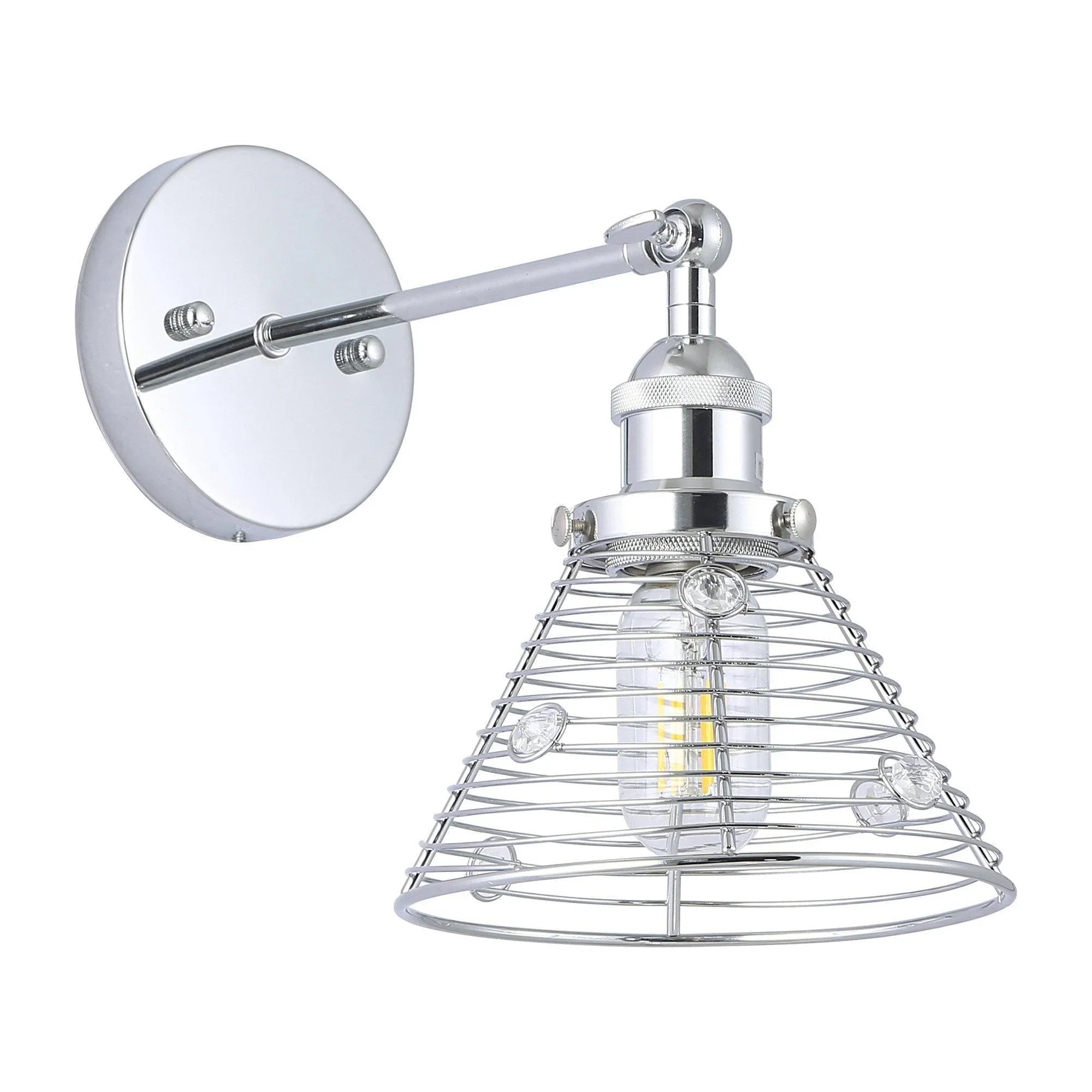 Silver 1-light modern wall sconce with round backplate and wire cage glass shade