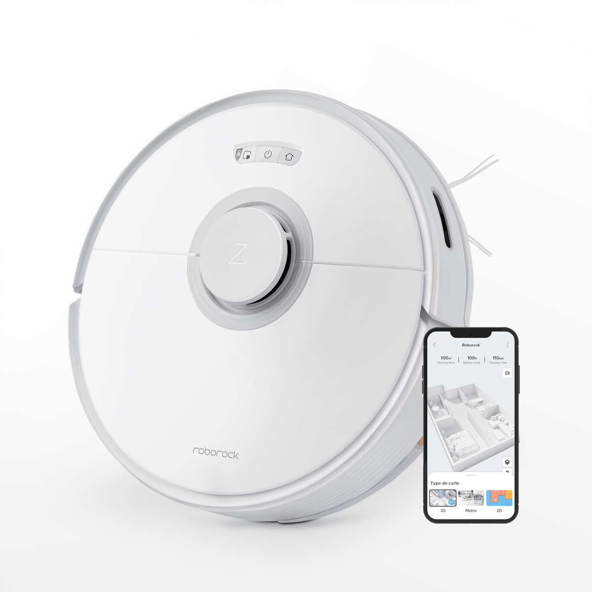 White Roborock robot vacuum and mop with auto-empty dock, with smartphone display