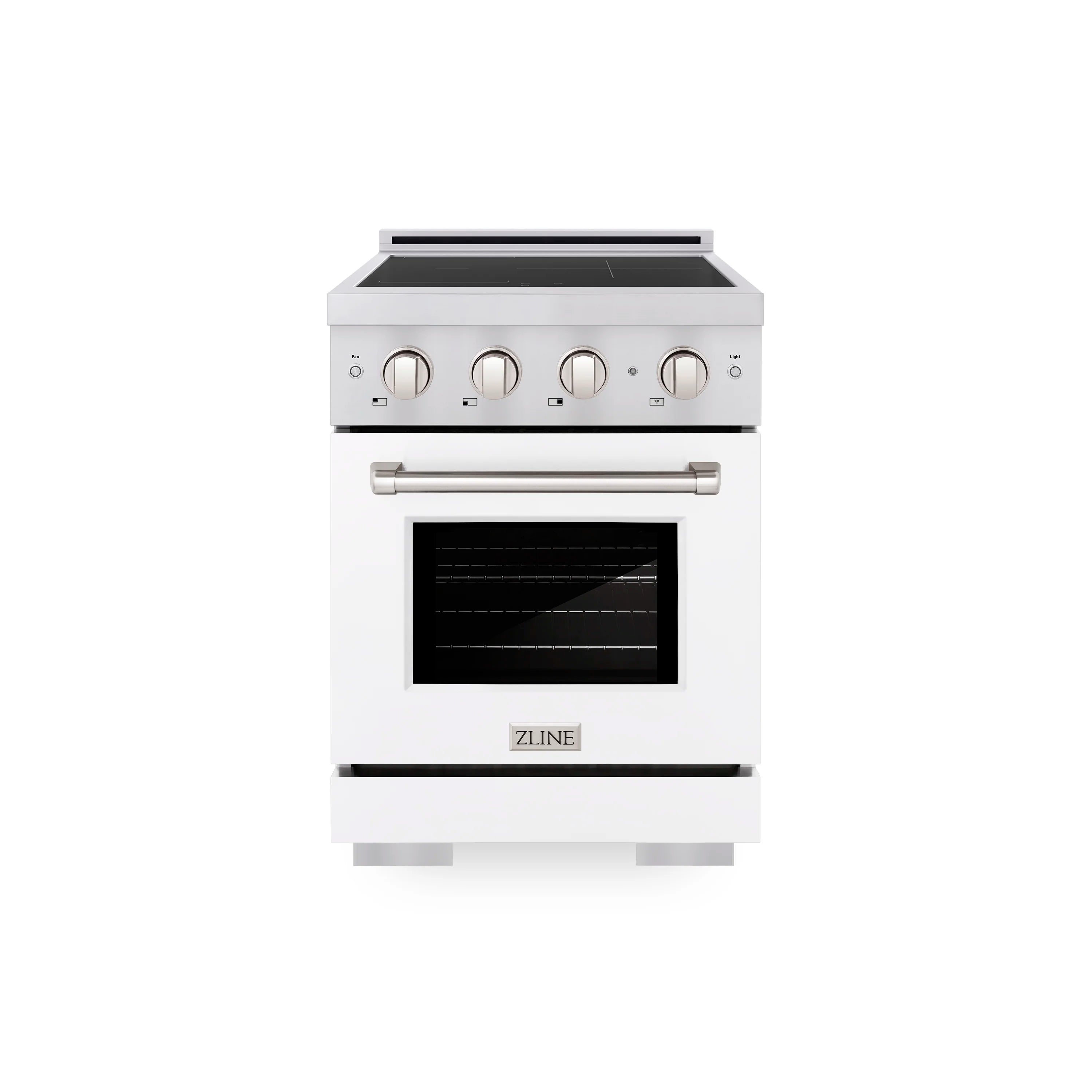 Stainless steel induction range with white matte door, 4 knob controls, glass oven window