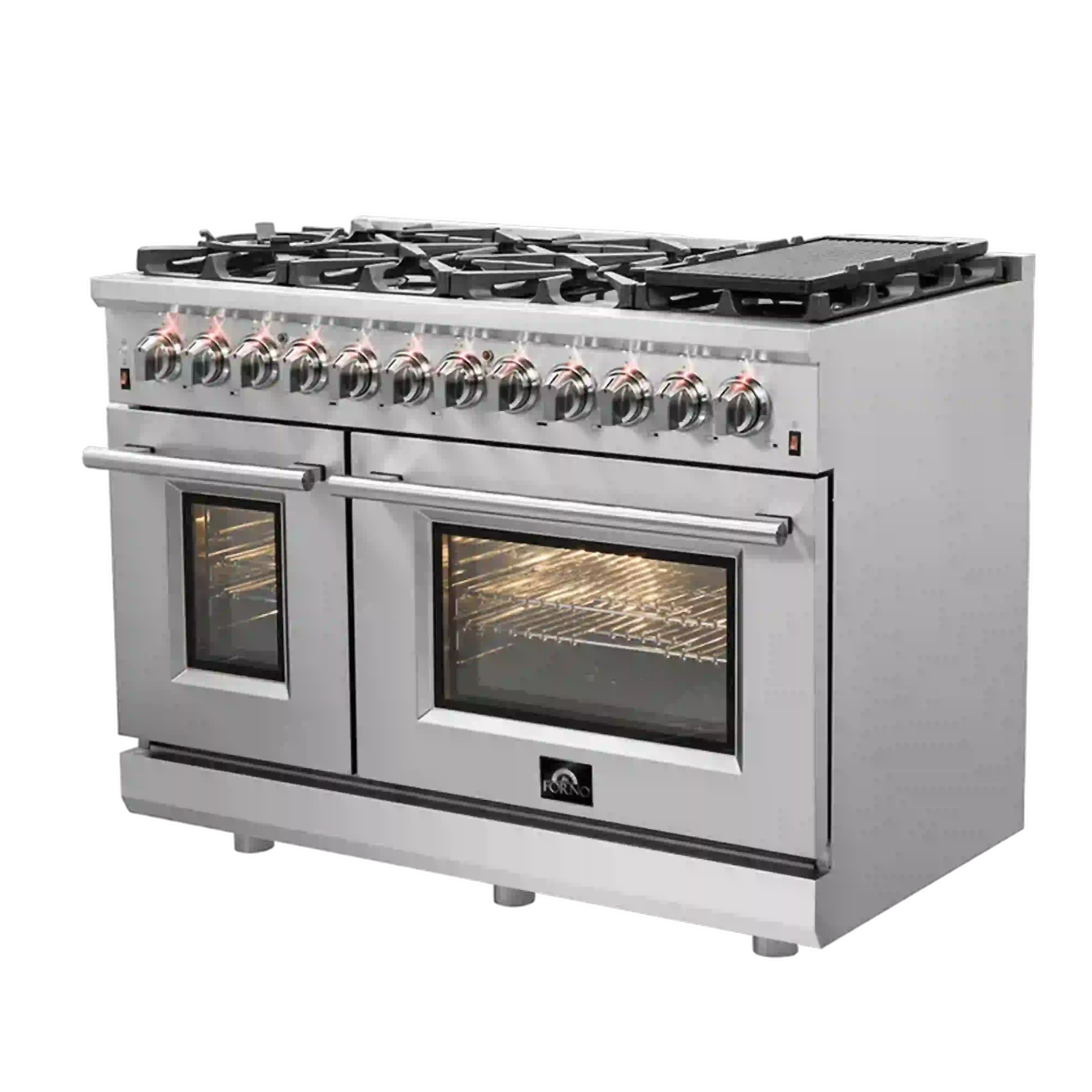 Stainless steel freestanding range with two glass oven doors and burner control knobs