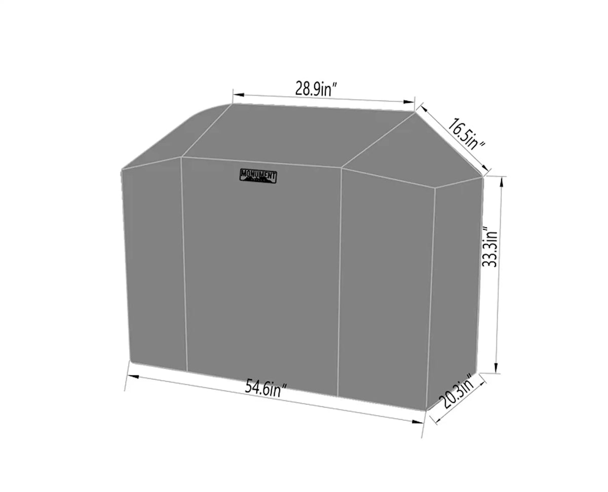 Dark gray grill cover with labeled size measurements