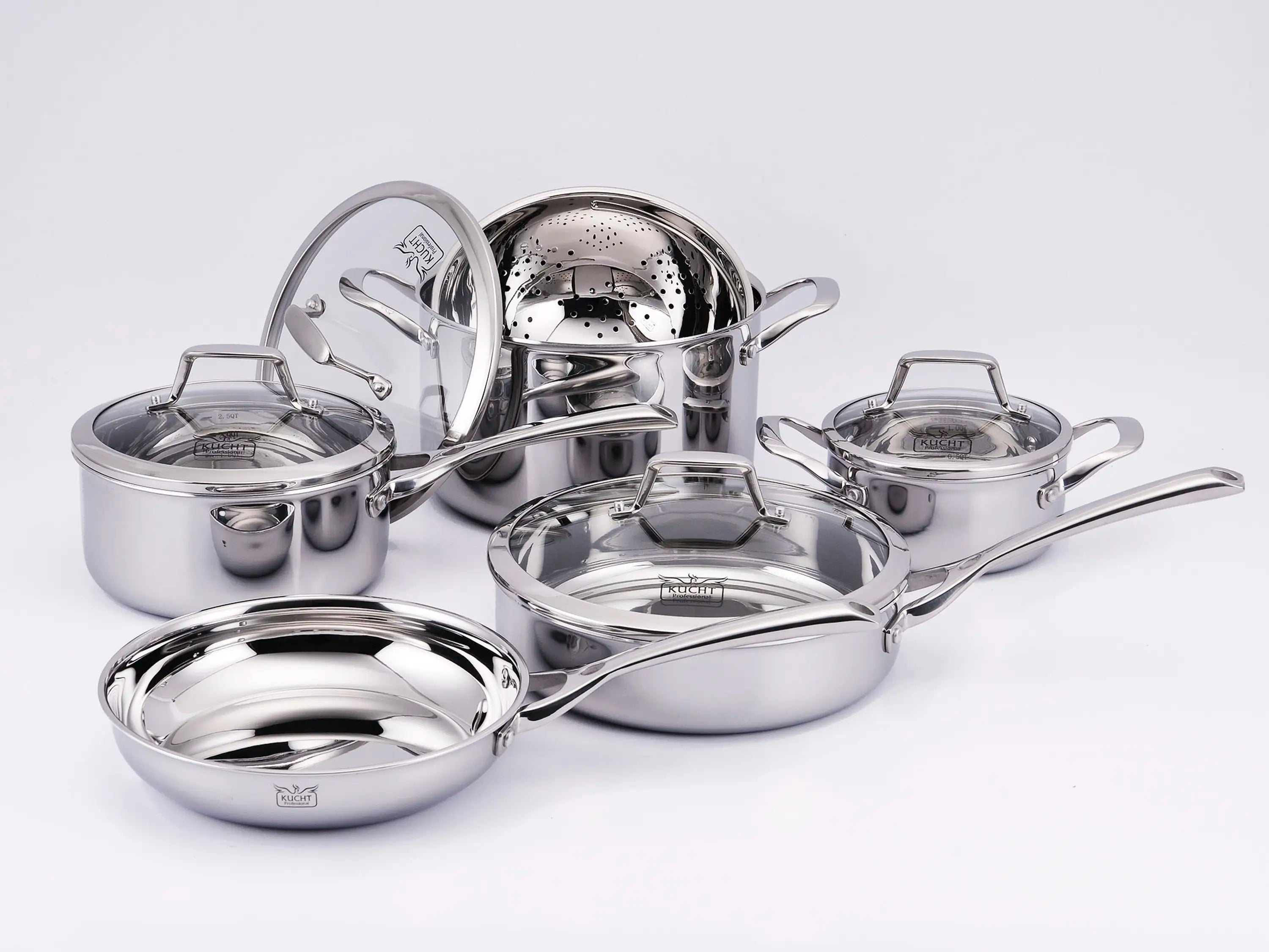 Stainless steel cookware set with multiple lidded pots and pans
