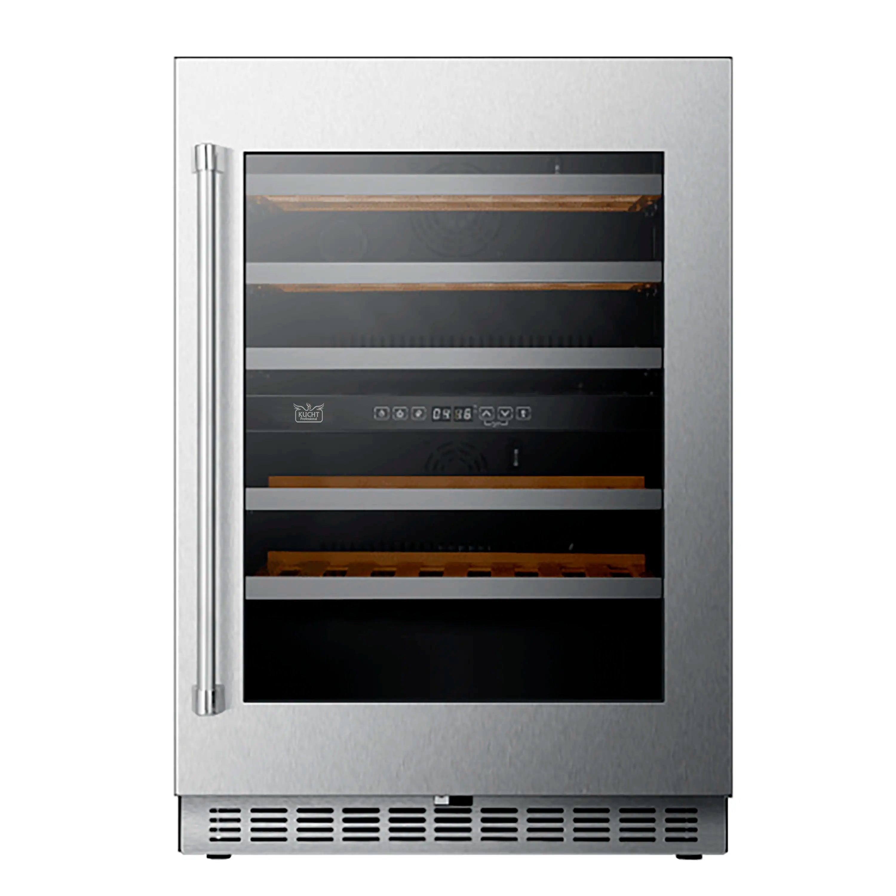 Freestanding stainless steel dual-zone wine cooler with glass front door and bottom vents