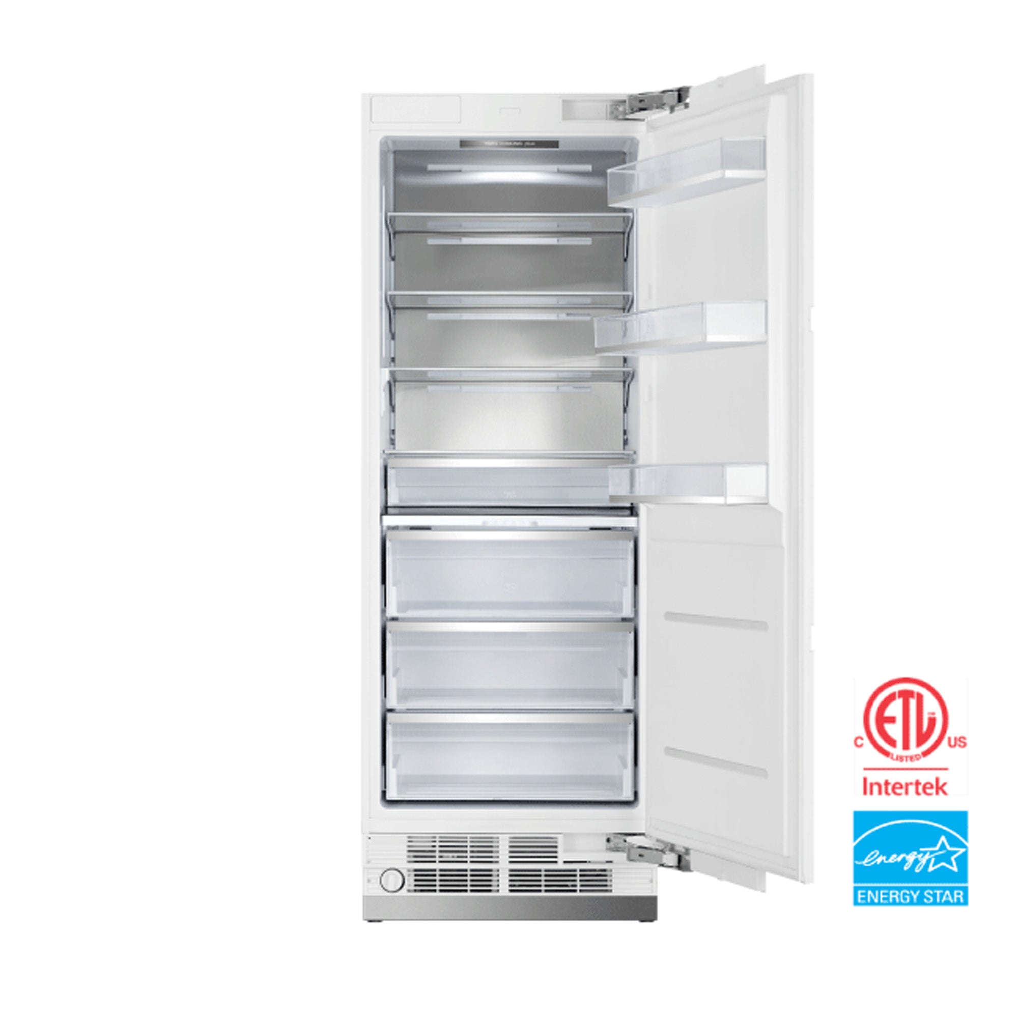 Panel-ready built-in refrigerator interior with multiple slide-out shelves and bins
