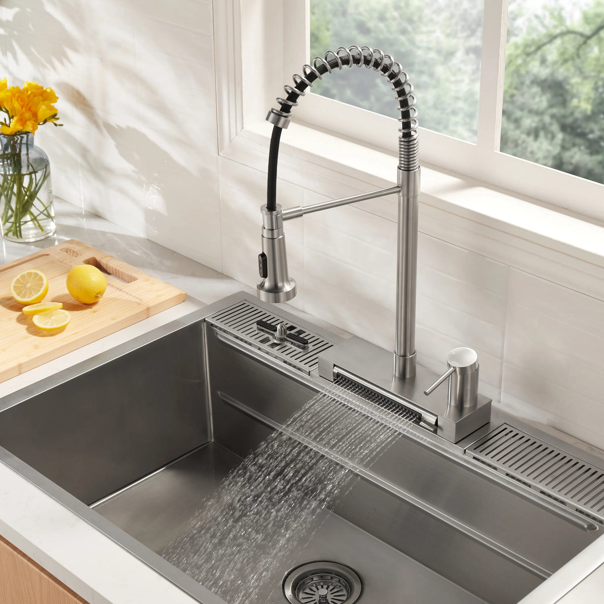 FORNO ACQUA 4 Function Pull-Down Waterfall Kitchen Faucet in Brushed Nickel (FCWCMBND1)